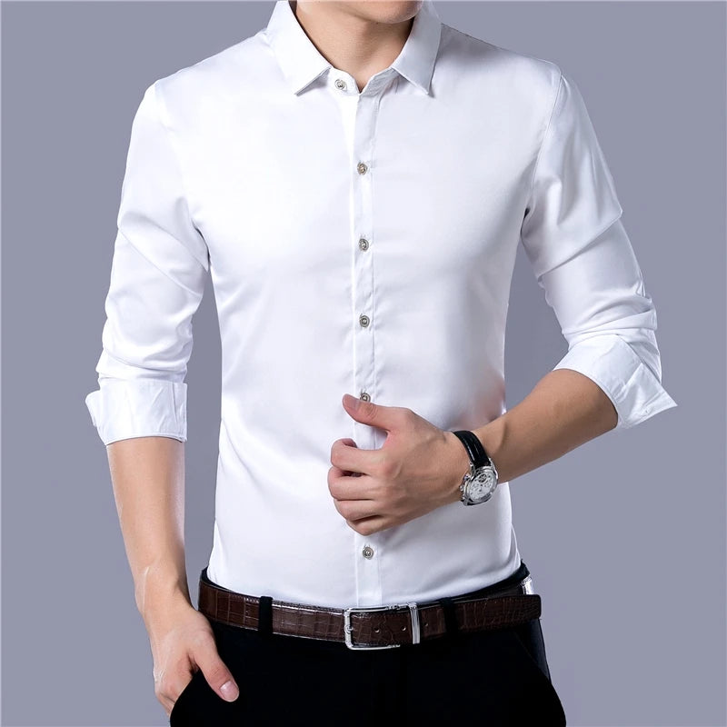Men's Casual Fashion Business Solid Color Long Sleeved Shirt