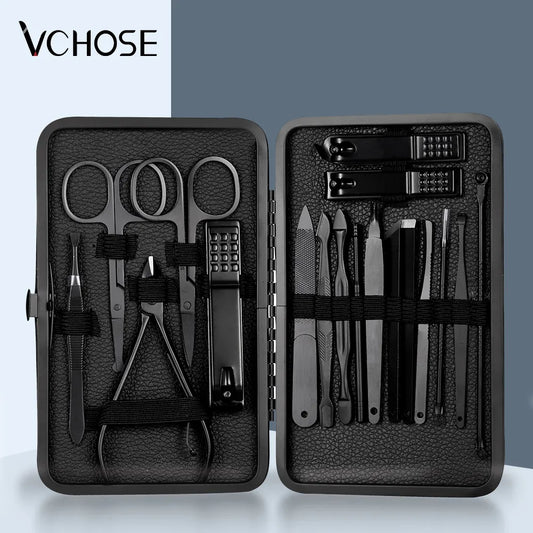 Black Nail Clipper Set Stainless Steel Manicure Nail Scissors Pedicure Kit Nippers Trimmer Care Tool With Travel Case Kit