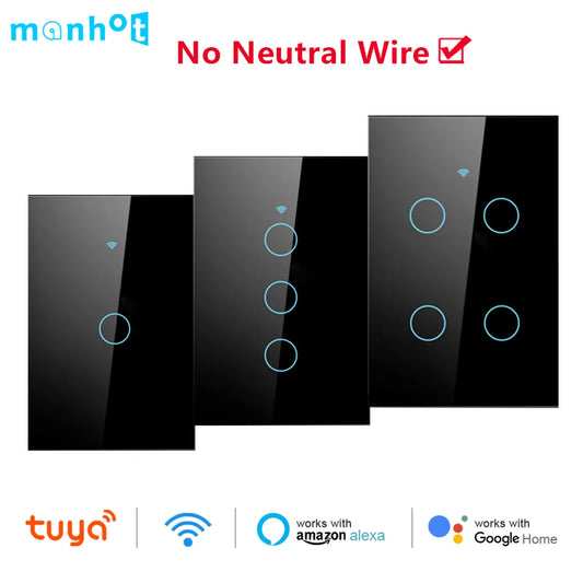 Tuya Smart Life Wifi Touch Light Switch Wireless Remote LED Light Switches No Neutral Wire Required 1-4 Gang Alexa Google Home