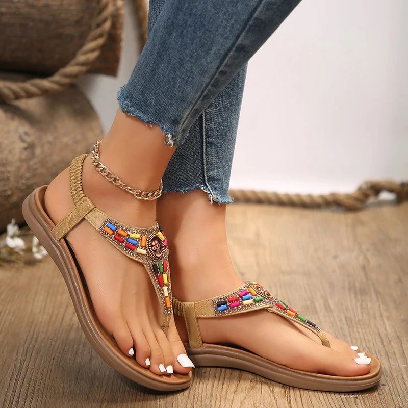 Luxury Women's Bohemia Sandals 2024 Summer Clip Toe Mix Color Flat Heels Sandals Women Bling Crystal Non-Slip Rome Shoes Ladies