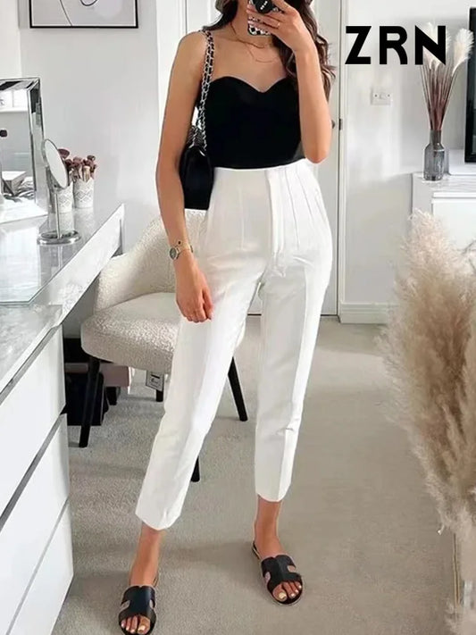 ZRN Women Fashion With Pockets Casual Basic Solid Pants Vintage High Waist Zipper Fly Female Ankle Trousers Pantalones Mujer