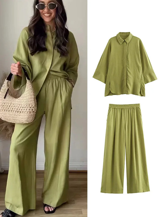 TFMLN 2 Pieces New Wide Leg Pants Sets For Women 2024 Fashion Loose Casual Shirts Top Women's Suit Two Piece Set Women Outfit