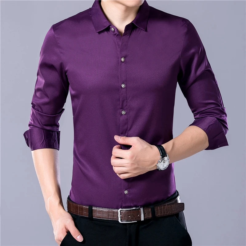 Men's Casual Fashion Business Solid Color Long Sleeved Shirt