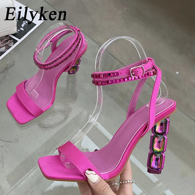 Eilyken Summer Crystal Embellished High Heel Sandals Women Diamond Open Toe Ankle Strap Silk Satin Rhinestone Banquet Shoes